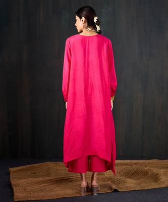 Rani pink plain dola silk kurta set 3