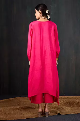 Rani pink plain dola silk kurta set