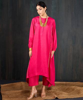 Rani pink plain dola silk kurta set 4