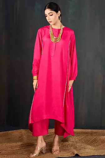 Rani pink plain dola silk kurta set