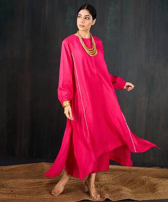 Rani pink plain dola silk kurta set 5