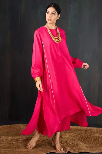 Rani pink plain dola silk kurta set