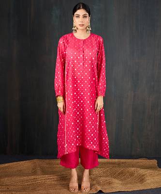Rani pink printed chanderi kurta set 1