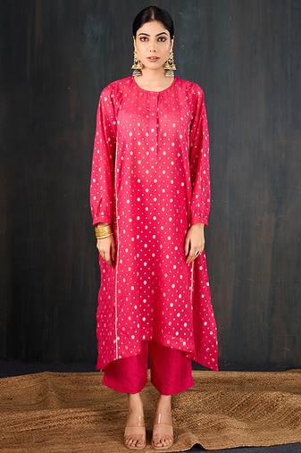Rani pink printed chanderi kurta set