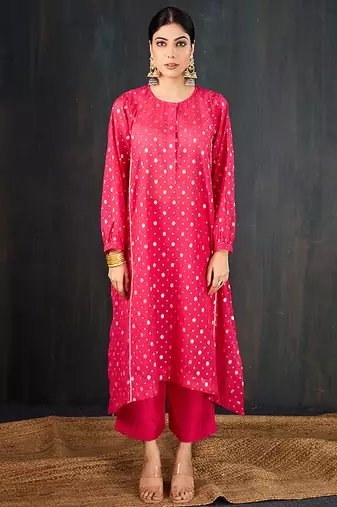 Rani pink printed chanderi kurta set