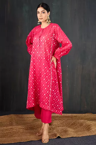 Rani pink printed chanderi kurta set