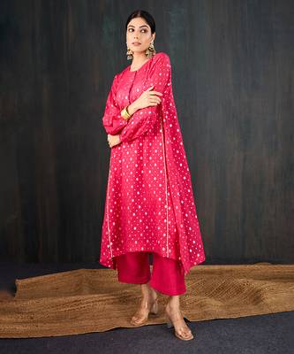 Rani pink printed chanderi kurta set 4