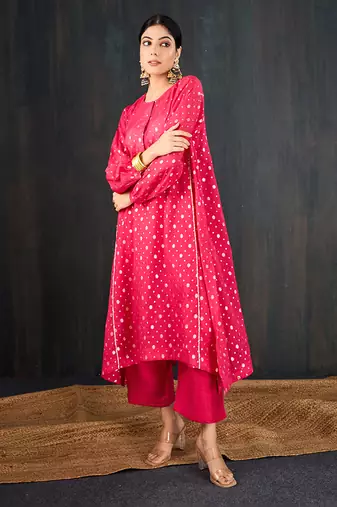 Rani pink printed chanderi kurta set