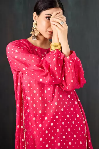 Rani pink printed chanderi kurta set