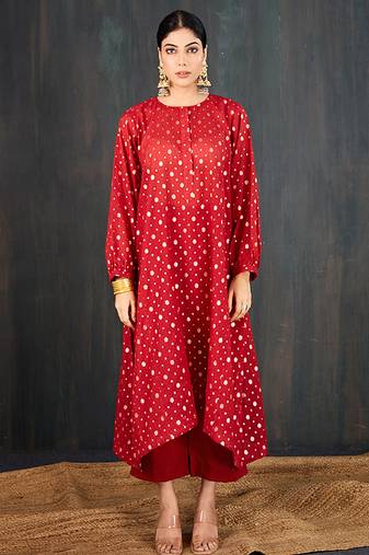 Red printed chanderi kurta set