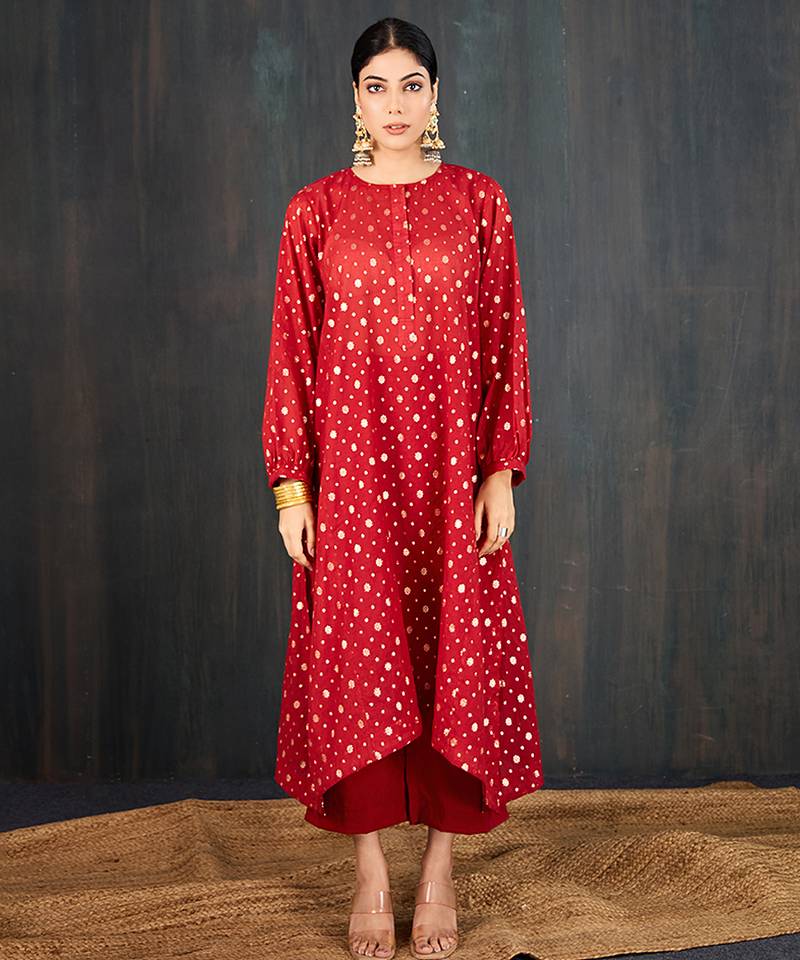 Red printed chanderi kurta set