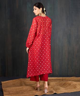 Red printed chanderi kurta set 2
