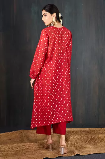 Red printed chanderi kurta set