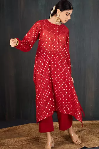 Red printed chanderi kurta set
