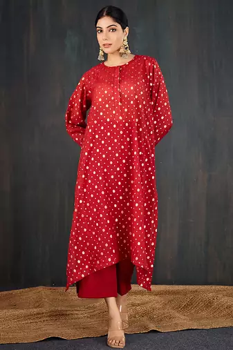 Red printed chanderi kurta set