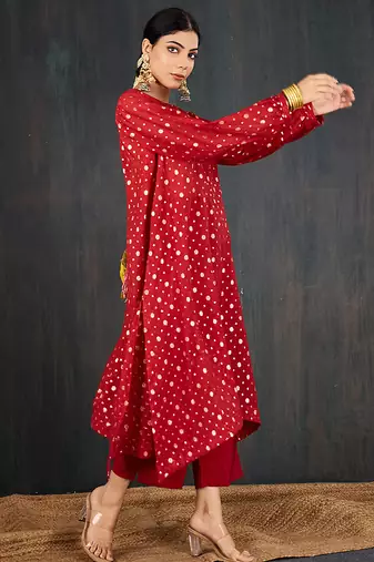 Red printed chanderi kurta set
