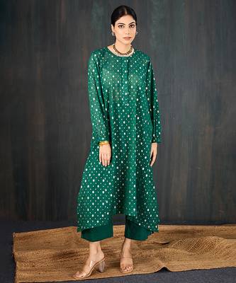 Dark green printed chanderi kurta set 1
