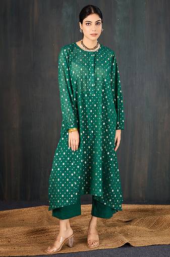Dark green printed chanderi kurta set