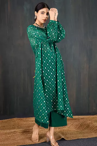 Dark green printed chanderi kurta set