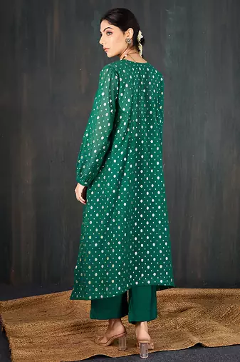 Dark green printed chanderi kurta set