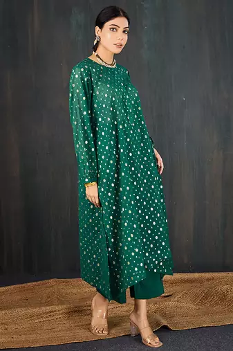 Dark green printed chanderi kurta set