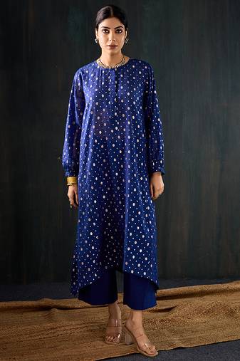 Royal blue printed chanderi kurta set