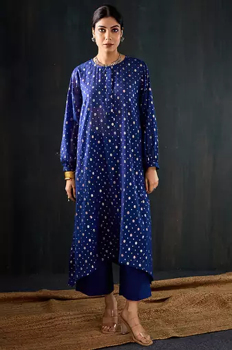 Royal blue printed chanderi kurta set