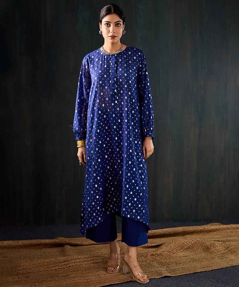 Royal blue printed chanderi kurta set