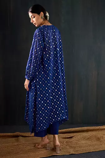 Royal blue printed chanderi kurta set