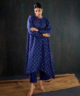 Royal blue printed chanderi kurta set 4