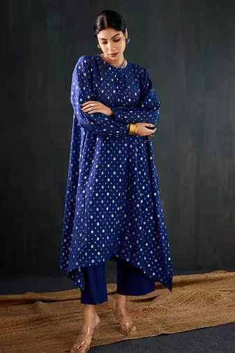 Royal blue printed chanderi kurta set