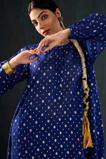 Royal blue printed chanderi kurta set