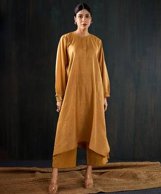 Mustard plain chanderi kurta set 1