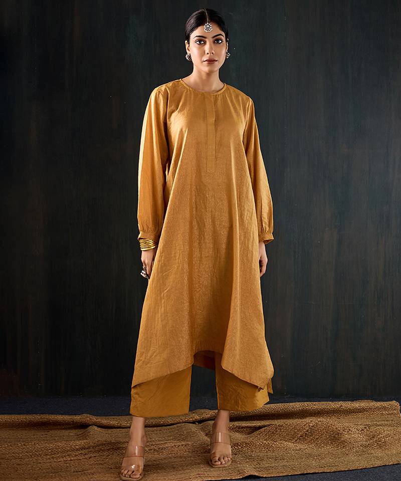 Mustard plain chanderi kurta set