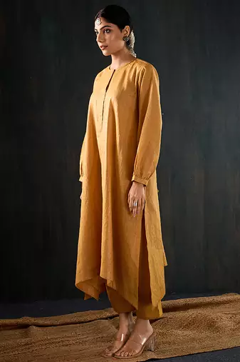 Mustard plain chanderi kurta set