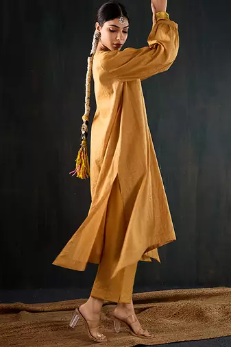 Mustard plain chanderi kurta set