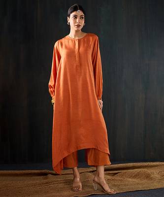Orange plain dola silk kurta set 1