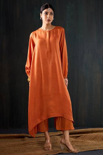 Orange plain dola silk kurta set
