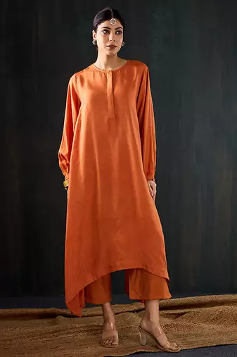 Orange plain dola silk kurta set