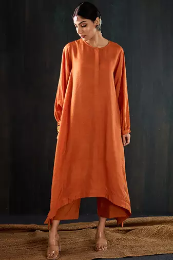 Orange plain dola silk kurta set