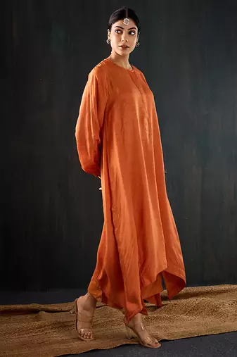 Orange plain dola silk kurta set