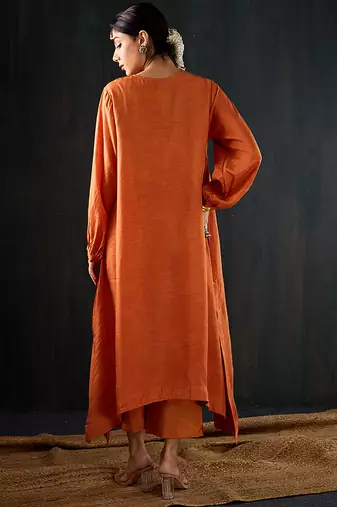Orange plain dola silk kurta set