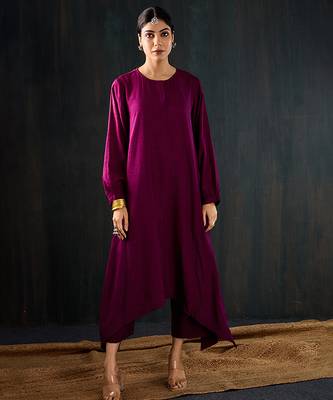 Purple plain dola silk kurta set 1