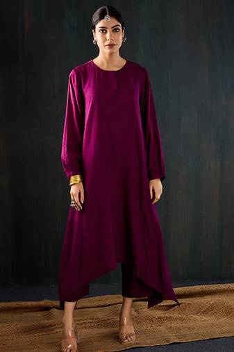 Purple plain dola silk kurta set