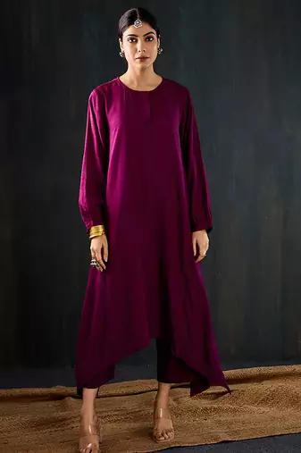 Purple plain dola silk kurta set