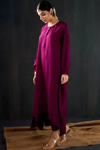 Purple plain dola silk kurta set