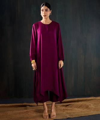 Purple plain dola silk kurta set 4