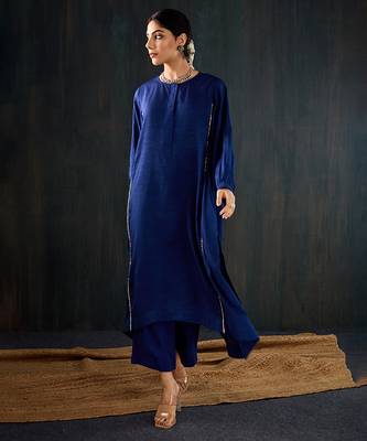 Navy blue plain dola silk kurta set 1