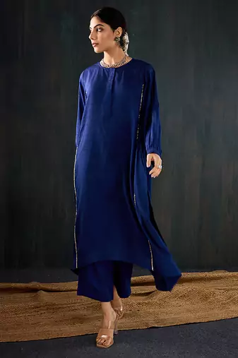 Navy blue plain dola silk kurta set
