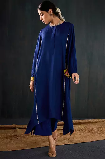 Navy blue plain dola silk kurta set